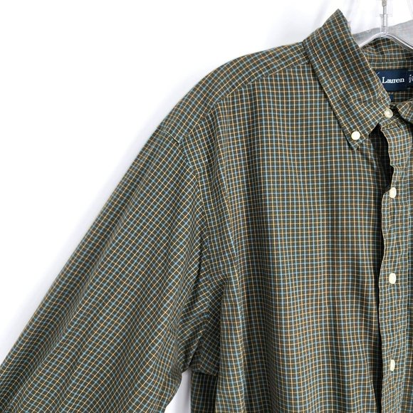 Ralph Lauren Button Down Shirt L Brown Blue Plaid Check Classic Fit 100% Cotton - Picture 3 of 11